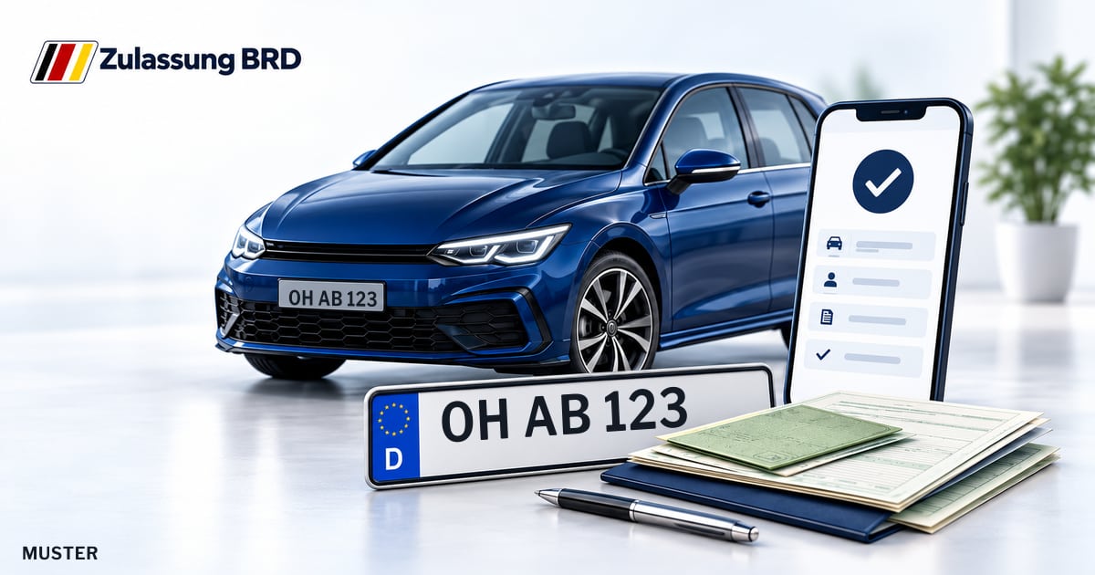 Online Fahrzeugzulassung in Ratekau: Musterkennzeichen OH AB 123, Auto und Fahrzeugpapiere und Smartphone. Illustration mit Logo von Zulassung BRD.
